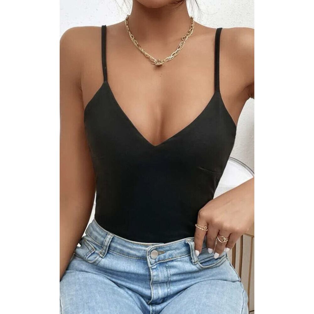 Black Solid Basic V-Neck Slim Fit Cami Bodysuit S… - image 6